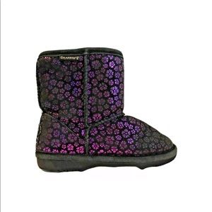 Bearpaw Black Suede Pink Flowers Shearling Boots